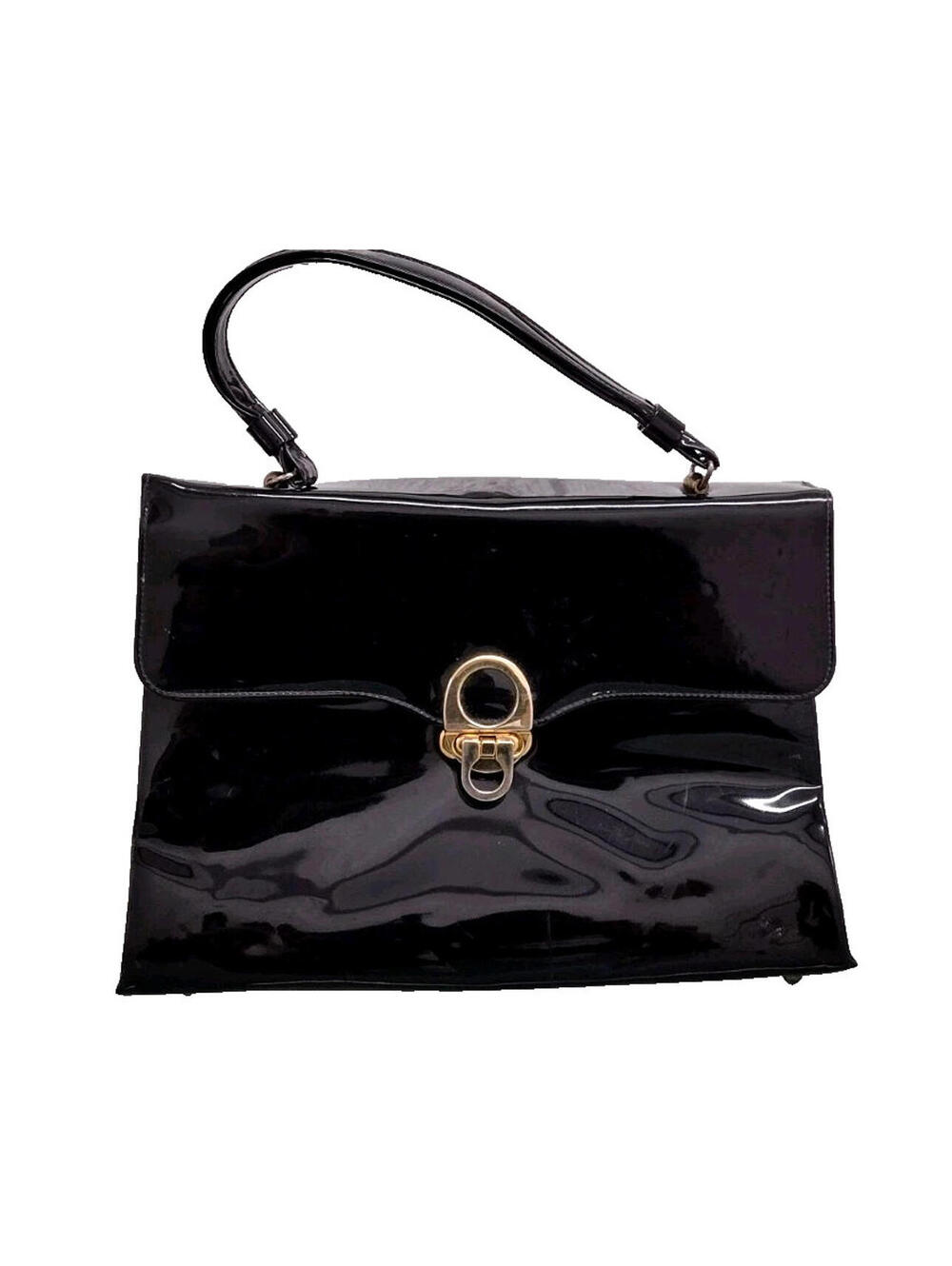 Vintage 60s Kelly Style Purse Crown Lewis Black Patent Leather Bag Gold Plated